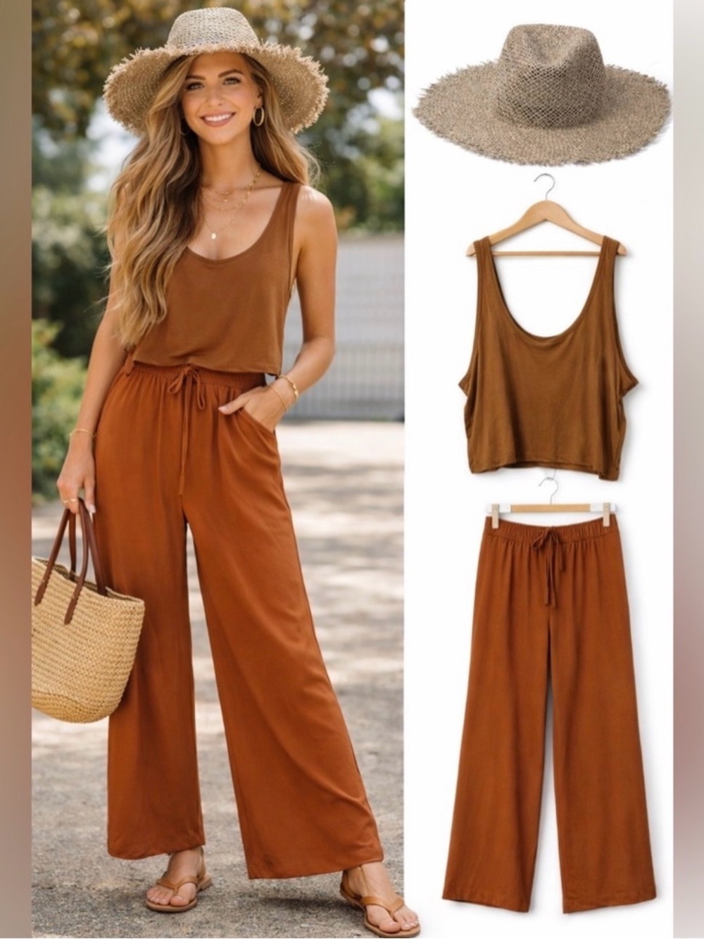 Adrianna Papell Cinnamon Wide-Leg Skinny Waistband Pull on Pants L